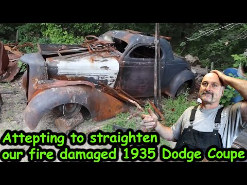 Attempting to straighten out the fire damaged 1935 Dodge Coupe we now call The Phoenix.