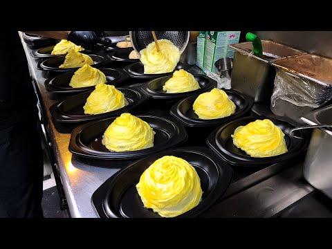 Amazing Tornado omelette lunch box made in bulk, pork cutlet, chicken salad, Korean street food