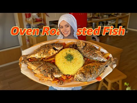 اطيب تتبيلة سمك مشوي بالفرن مع خضار وأرز الزعفران، Extra tasty and juicy oven grilled fish