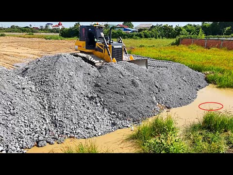 Amazing !!Massive Bulldozers Shantui Pushing Soil Huge Dirt Piles! Dump Trucks Landfill Delete water