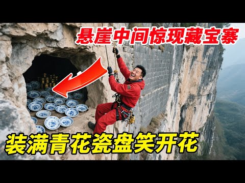 悬崖绝壁中间惊现藏宝寨,大青石三合土修筑10米高墙,看到青花瓷盘笑开花【户外小北哥】