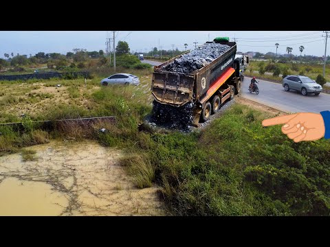 Scary!! Heavy Mega Machinery Landfill Using Dump Truck 25T Upload Sand & D58 KOMAT'SU Dozers Push
