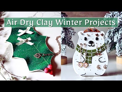 Air Dry Clay Winter Crafts | Polar Bear Earring Holder & Holly Leaf Catchall Dish