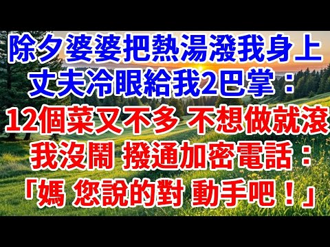除夕年夜飯只因菜涼了，婆婆把熱湯潑我身上，丈夫冷眼給我2巴掌：12個菜又不多，不想做就滾！我沒鬧，撥通加密電話：媽，您說的對，您動手吧！#詩涵講故事#為人處世#生活經驗#情感故事#晚年哲理#說故事