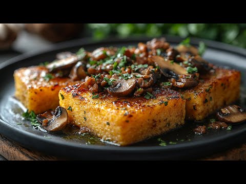 Crispy polenta slices with creamy mushroom ragout – vegan & full of flavor!