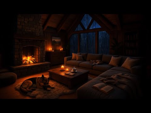 Stormy Night & Cozy Fireplace | Rainy Cabin Ambience with Sleeping Pets