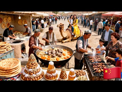 阿富汗和巴基斯坦的边境邻居中国新疆大集市🇨🇳各种新疆美食汇集，红柳枝烤羊肉，酸奶刨冰，羊肉抓饭，坚果塔，花式烤馕，缸子肉汤，肚包肉，卤羊头…品种繁多一次看过瘾！
