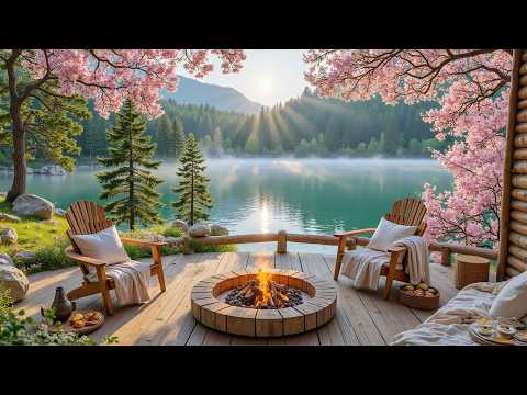 Fresh Spring Morning by the Lake 🌸🌳 Gentle Piano & Soft Fireplace for Relax, Work