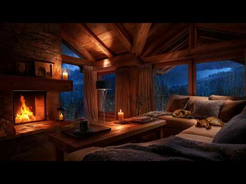 Rain, Thunder & Fireplace Sounds at Night | Relaxing Cabin Ambience with Sleeping Pets