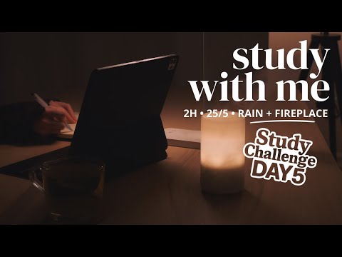 2-HOUR STUDY WITH ME 🌌 At Late Night | 🌧️ Gentle Rain + 🔥 Fireplace | Pomodoro 25/5 | DAY 5