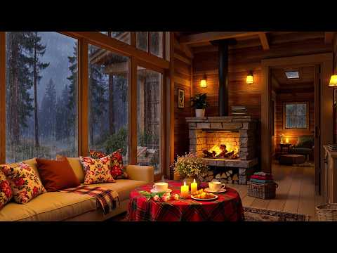 Rainy Night in Cabin Ambience - Fireplace, Rain Sounds & Smooth Jazz Music for Stress Relief