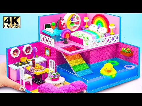 Make Super Pink Miniature House with Rainbow Bed and Pool from Cardboard 💖 DIY Miniature House