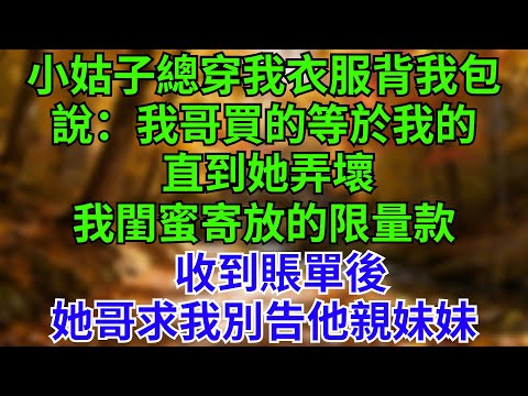 小姑子總穿我衣服背我包，說「我哥買的等於我的」。直到她弄壞我閨蜜寄放的限量款，收到賬單後，她哥求我別告他親妹妹。#情感故事#說故事#女頻 #家庭 #婚姻 #小姑子