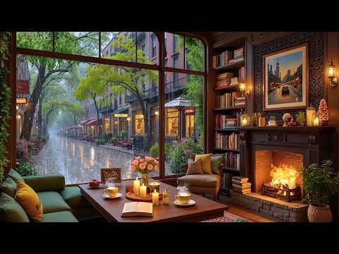 Calm Rainy Coffee Shop by the Window ☕ Gentle Jazz Piano & Fireplace Sounds for Study & Relax