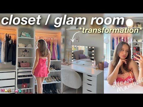 ULTIMATE GLAM ROOM TRANSFORMATION! building a closet wall, beauty vanity, wardrobe cleanout + TOUR ♡