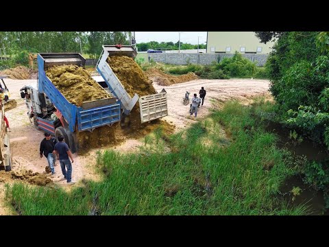 First Started Open a new task!Dump Truck Filling Land Delete Field,Driver Use Dozer D21 Pushing Soil