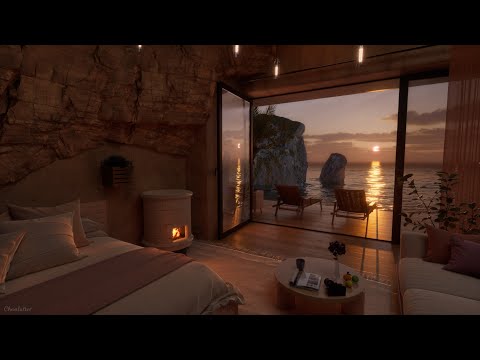 Sunset Beach Villa Ambience | Wave, Crackling Fire Sounds For Sleeping