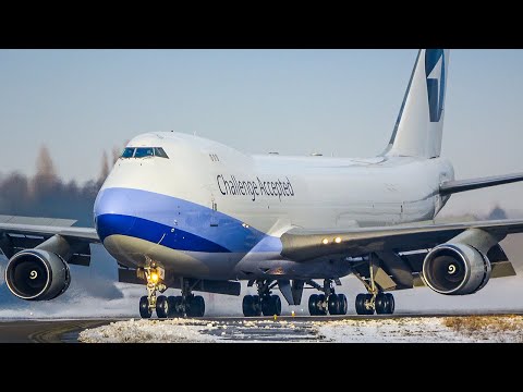 BOEING 747 DEPARTURE with SNOW + 60 Mins of CARGO AIRPLANES at Liege (4K)