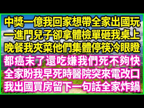中獎一億我回家想帶全家出國玩，一進門兒子卻拿體檢單砸我桌上，晚餐我夾菜他們集體停筷冷眼瞪，「都癌末了還吃？嫌我們死不夠快？」全家盼我早死時醫院突來電改口，我出國買房留下一句話全家炸鍋！#情感故事