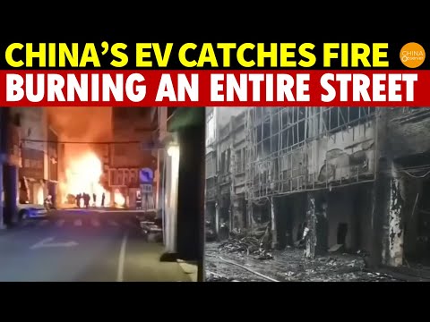 China’s EV Catches Fire, Burning an Entire Street! Car Show Chaos, Four EVs Smashed