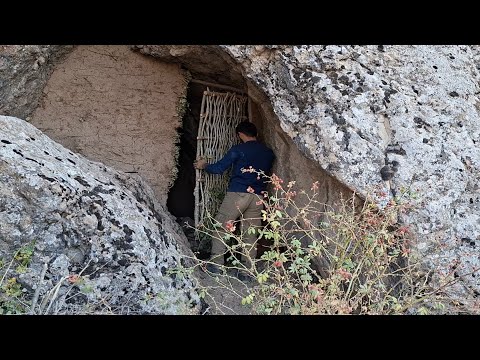Building a Secret Mountain Rock Shelter (Cozy Fireplace Inside)