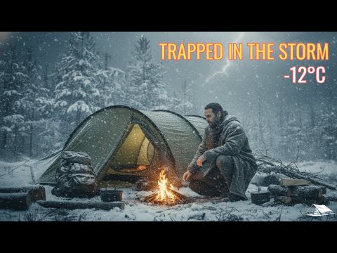 Solo Camping in the First Winter Snowstorm — No Talking, Bushcraft & Survival | -12°C