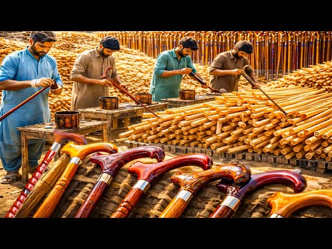 Amazing Process of Pakistani Craftsmen Making Giant Wooden Walking Sticks /Pakistani Factory Secrets