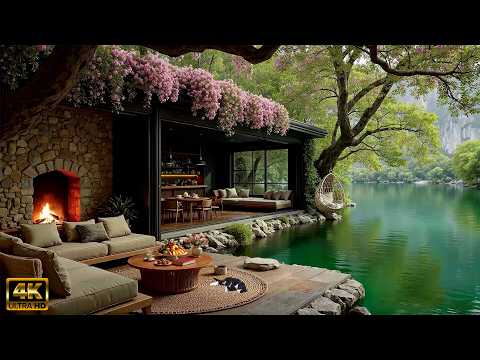 (4K) Cozy Lakeside Jazz Retreat ☕ Gentle Piano Jazz, Fireplace & Water Sounds for Deep Focus, Study
