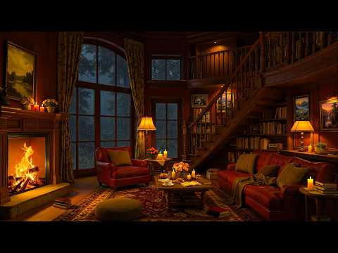 Relaxing Jazz in Cozy Cottage Ambience 🔥 Night Rain & Warm Fireplace Sounds for Studying, Sleeping