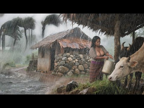 LIVING IN A MOUNTAIN PARADISE DURING HEAVY RAIN, NATURAL VILLAGE RAIN WALK