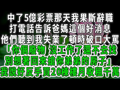 中了5億彩票那天我果斷辭職，打電話告訴爸媽這個好消息，他們聽到我失業了頓時破口大罵「你個廢物 沒工作了還不去找，別想著回來搶你弟弟的房子」我說好反手買20棟樓月收租千萬