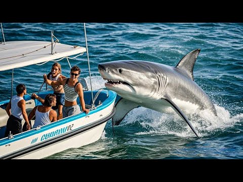 Giant sharks attack boat tourists, sexy beauties escape from the shark's mouth