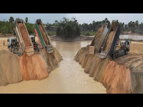 Amazing Landfill! Dozer & dump truck carries soil into the water to fill a large pond