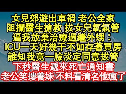 女兒郊遊出車禍 老公全家，阻攔醫生搶救 拔女兒氧氣管，逼我放棄治療過繼外甥：ICU一天好幾千不如存著買房，誰知我竟一臉淡定同意拔管 真情故事會|老年故事|情感需求|養老|家庭