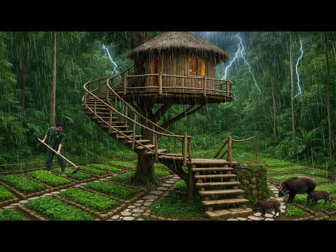Building a Tree House Shelter in the Storm – Survive and Relax in the Wild | No Talk Bushcraft