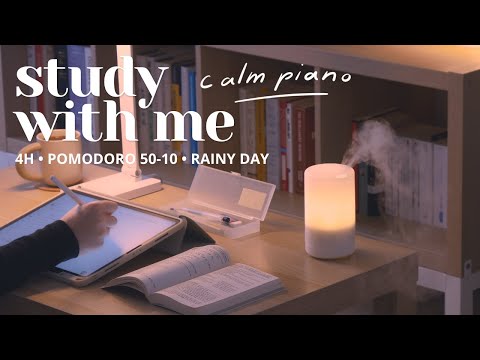 🌧️ 4-HOUR STUDY WITH ME on a Rainy Day | 🎹 Calm Piano Music | Gentle Rain | Pomodoro 50/10