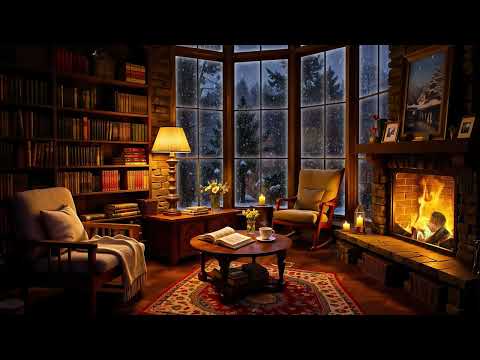 ❄ Winter Night in Cozy Reading Nook with Soft Jazz Music & Fireplace Sounds for Relaxation, Sleeping