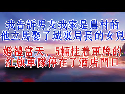 我告訴男友我家是農村的,他立馬娶了城裡局長的女兒,婚禮當天,5輛掛著軍牌的紅旗車隊停在了酒店門口#情感故事 #小說推文 #故事頻道
