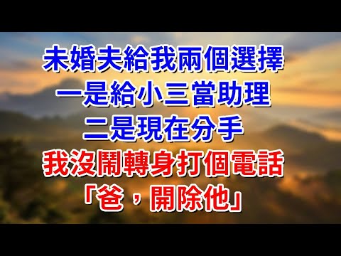 未婚夫給我兩個選擇:一是給小三當助理,二是現在分手,我沒鬧轉身打個電話:爸,開除他#阿木講故事#為人處世#生活經驗#情感故事#養老#睡前故事