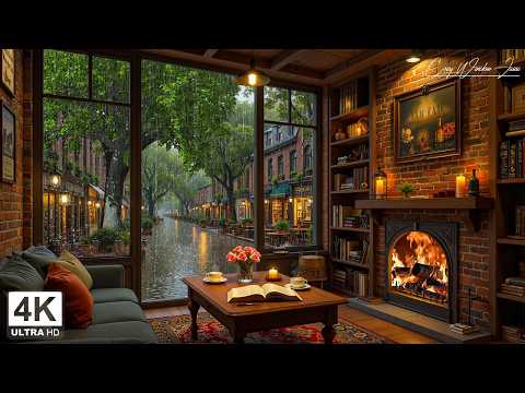 Peaceful March Rainy Jazz Coffee Shop ☕ Gentle Jazz Piano & Cozy Fireplace Sounds for Study & Work