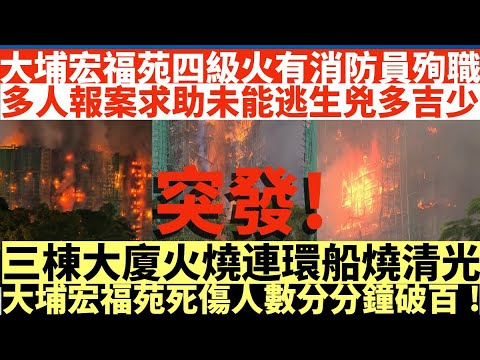 突發大埔宏福苑四級火有消防員殉職|多人報案求助未能逃生兇多吉少|三棟大廈火燒連環船燒清光|大埔宏福苑死傷人數分分鐘破百!|井仔點睇 #大埔宏福苑四級火 #一消防員殉職 #多人燒傷抵院 #消防員熏黑昏迷