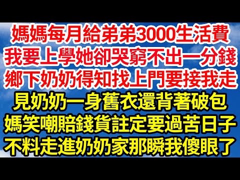 媽媽每月給弟弟3000生活費，我要上學她卻哭窮不出一分錢，鄉下奶奶得知找上門要接我走，見奶奶一身舊衣還背著破包，媽笑嘲賠錢貨註定要過苦日子，不料走進奶奶家那瞬我傻眼了||笑看人生情感生活