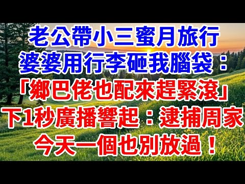 老公帶小三蜜月旅行，婆婆用行李砸我腦袋：「鄉巴佬也配來趕緊滾」，下一秒廣播響起：「逮捕周家，今天一個也別放過！」#詩涵講故事#為人處世#生活經驗#情感故事#晚年哲理#說故事#完結文#原創故事