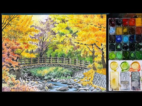 수채화로 배론성지의 단풍 풍경을 회화적으로 그리기