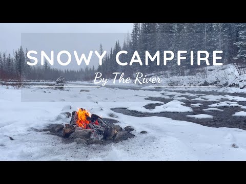 Snowy Campfire by a Winter River - Real Snowfall, Fire Crackling & Relaxing River Sounds 4K, 8 Hours