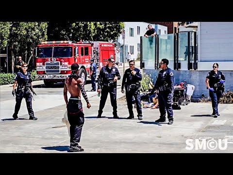 Tense Standoff at Venice Beach: Police Face Aggressive Homeless Man During Camping Enforcement