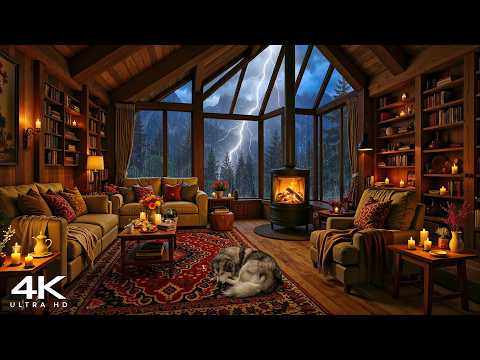 [4K] Cozy Wooden Cabin Ambience 🌧️ Calm Jazz with Rain Sounds & Crackling Fireplace for Sleeping
