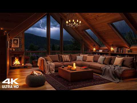 [4K] Cozy Wooden Cabin in the Storm ⛈️ Calm Jazz Piano for Stress Relief
