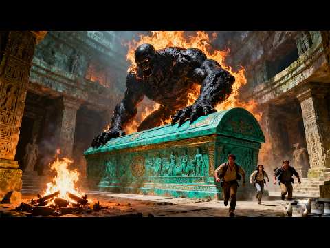 The tomb raiders encountered a flaming giant and fled desperately.