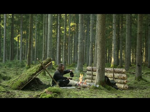 Solo bushcraft trip - making primitive shelter, cooking bird over camp fire, homemade axe etc.